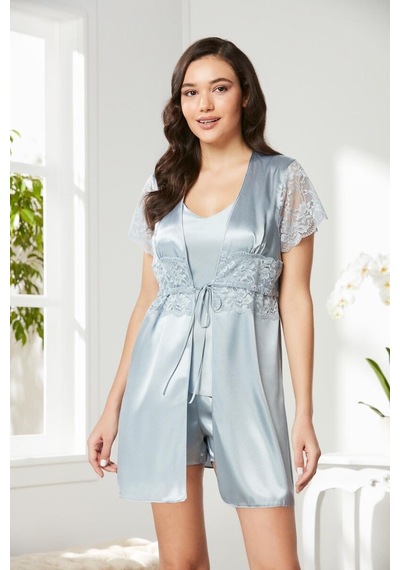 Pierre Cardin Mist Saten Dantelli 3'lü Kadın Sabahlık-şort Takım 2480 Mist
