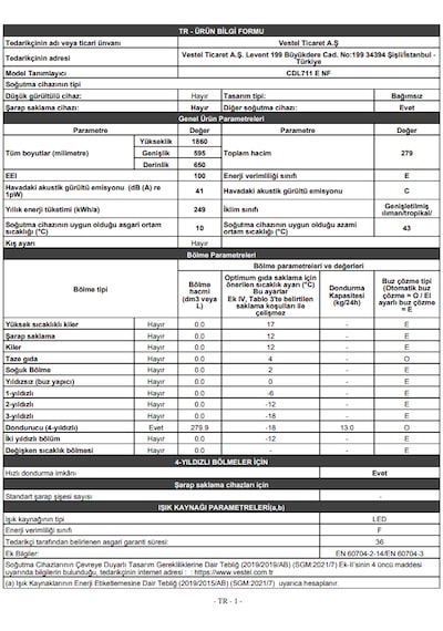 Vestel CDL711 E NF 279 L 7 Çekmeceli Dikey Derin Dondurucu