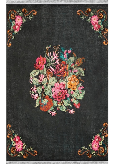 Çiçek Motifli Modern Halı Dekoratif Kilim Siyah