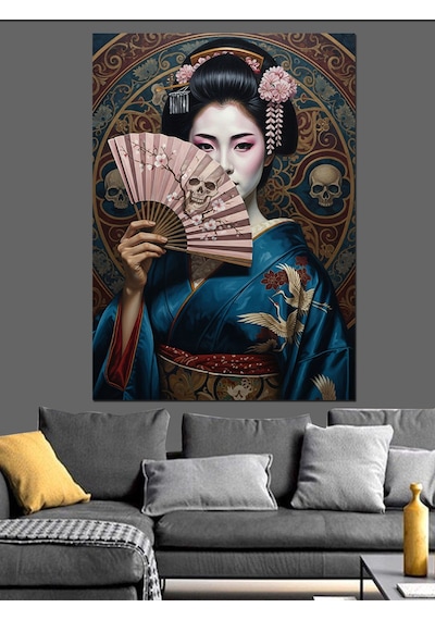 Ahşap Tablo Japon Geyşa Yelpaze Tutuyor