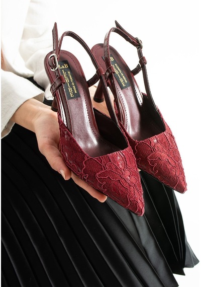 Lebibe Shoes Lısa Kadın Bordo Sivri Burun 7 Cm Topuklu Çiçek Dantel Desenli Rugan Slingback Ayakkabı