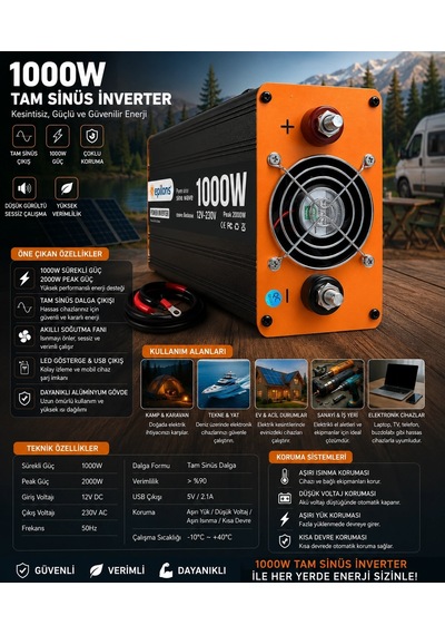 1000w Tam Sinüs İnverter 12v Ac Çevirici Sessiz Fanlı, Usb Çıkışlı, Araç Karavan Tekne Solar Uyumlu Güç İ Belirtilmemiş