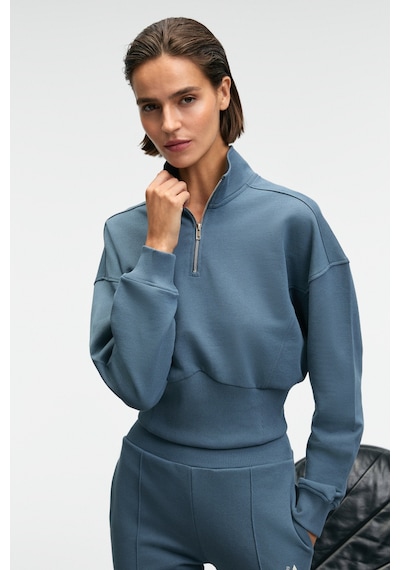 Grımelange THALIA Kadın Arka Baskılı Ve Patch Detaylı Fermuarlı Dik Yakalı Petrol Mavisi Sweatshirt