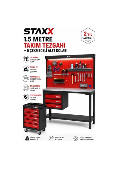 Staxx Stax1550x 1.5 Metre 3 Çekmeceli Endüstriyel Takım Dolabı Tezgahı Atölye Tezgahı + 5 Çekmece