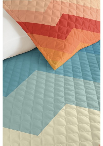Geometrik Mavi Pastel Genç Odası Tek Kişilik Pike Takımı - Zigzag Turuncu 160x220 Cm Yatak Örtüsü Kabuğu Gölge Tonu