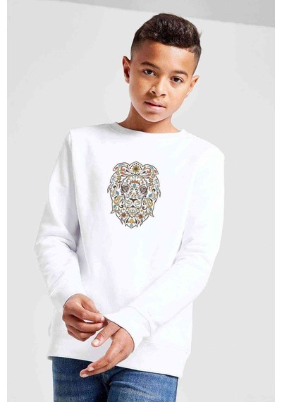 Tshirthane Aslan Colours Floral Baskılı Unisex Çocuk Beyaz Sweatshirt Beyaz