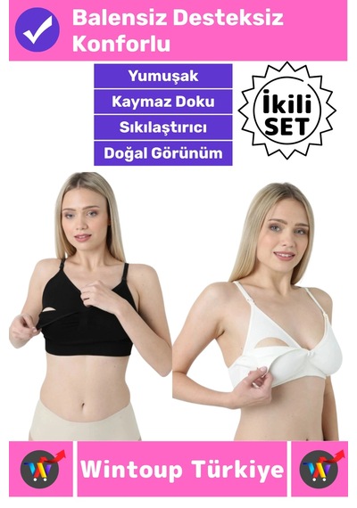 Wintoup Emzirme Sütyeni Klipsli Pamuklu Hamile Lohusa Dikişsiz Balensiz Desteksiz Emzirme Sütyeni 2'li Set Beyaz - Siyah
