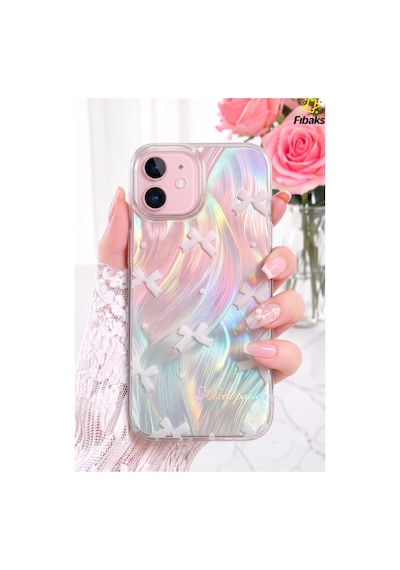 Fibaks iPhone 11 Uyumlu Kılıf Parlak Hologramlı Fiyonk Desenli Darbe Emici Kamera Çıkıntılı Renkli Silikon
