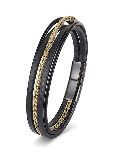 Moncuk Design Gold Çelik Zincir Detaylı Çoklu Deri Erkek Çelik Bileklik 33514b18d1 Çok Renkli