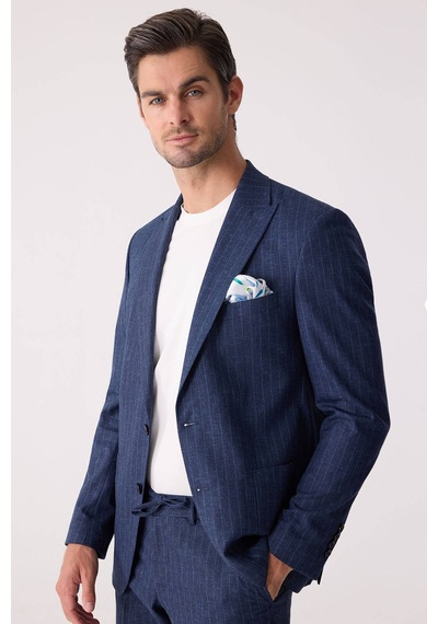 Erkek Mavi Slim Fit Çizgili Torba Cep Jogger Pantolonlu Sivri Yak