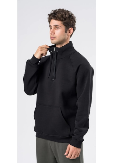 Coal City Erkek Relaxed Fit Reglan Yarım Fermuarlı Kanguru Cepli Siyah Sweatshirt