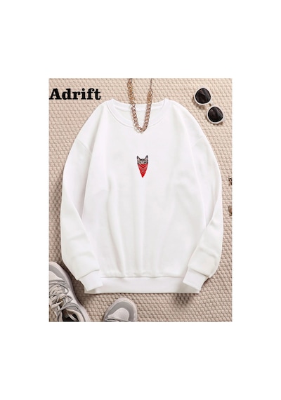 Tarzsokak Adrif Maskeli Kedi Renkli Oversize Bisiklet Yaka Pamuklu Sweatshirt Beyaz