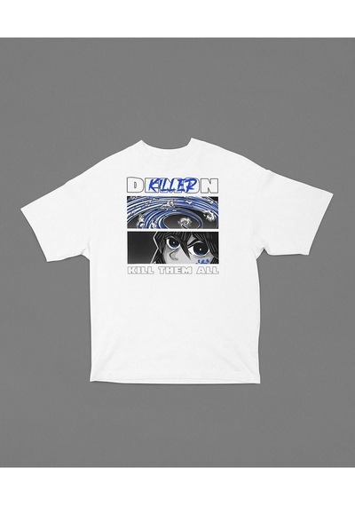 Demon Killer Kill Them All Baskılı Unisex Anime Karakter Tişört Beyaz