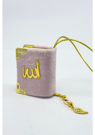 El Yapımı Cam Nazar Boncuklu Toz Pembe Kadife Mini Kur' An-ı Keri