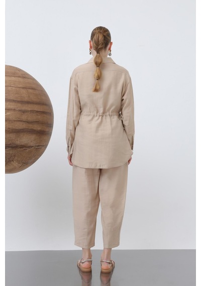 Loreen 20610 Kadın Beli Büzgülü Gizli Patlı Pantolonlu Takım Beige