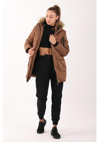 Maraton Sportswear Regular Kadın Kapşonlu Uzun Kol Basic Taba Parka 21418 Taba