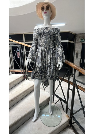 Eren Style Yapraklı Desenli Madonna Yaka İpek Elbise-10348 Gri