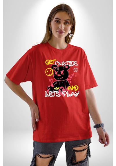 Dışarı Çık Ve Oynayalım Teddy Pamuklu Bisiklet Yaka Unisex Oversize Boyfriend Dijital Baskılı Kırmızı T-shirt Kırmızı