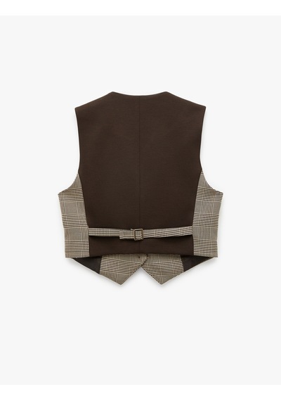 Koton Kruvaze Düğmeli Ekose Crop Blazer Yelek Kahverengi Ekose 6sak20062ew Kahverengi