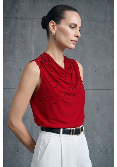 Sateen İnci Detaylı Bluz - Kırmızı-137353