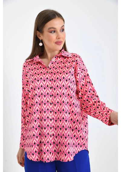 Fuşya Desenli Oversize Uzun Kol Basic Saten Gömlek 001