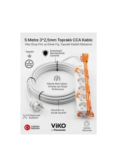 Viko 5'li Grup Priz, 5 Metre Uzatma Kablosu, 3x2,5mm Kalın Cca Kablo - Premium Kalite, Çocuk Korumalı, Terminal Ve Klemens Bağlantılı 5 M