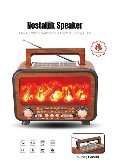 Güneş Enerjili Nostaljik Alev Efektli Şömine Tasarım Bluetooth Hoparlör Radyo