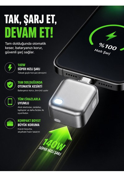 140w Type-c Hızlı Şarj Adaptörü Yapay Zeka Akıllı Şarj Kesme Çift Akım Korumalı Otomatik Kesinti