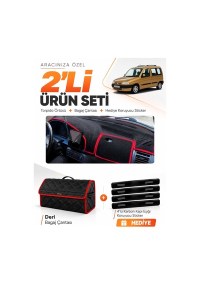 E-biz Cıtroen Berlingo M49 1996-2001 Uyumlu Torpido Örtüsü + Deri Çanta - Siyah-kırmızı - Cı002
