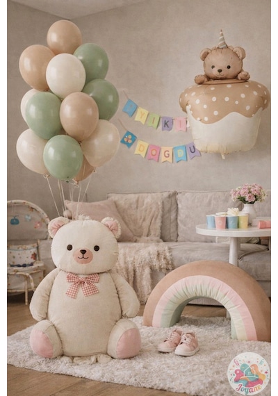 Ponçik Ayı Retro Gökkuşağı Balon Konsepti Krem Ayıcık, Kek & Retro Pastel Set Bej