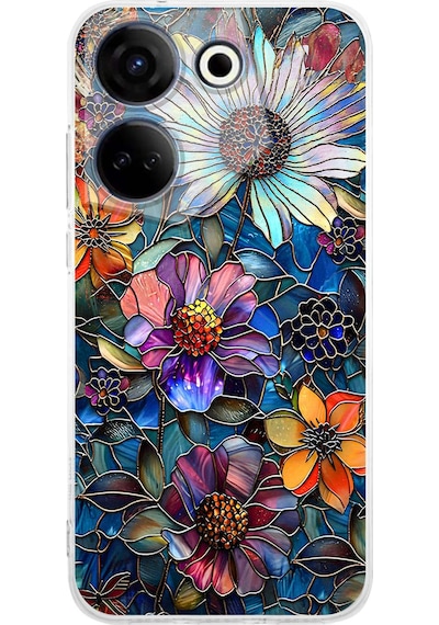Printify Tecno Camon 20 Pro İle Uyumlu Vitray Mücevher Flora Tasarımlı Şeffaf Silikon Kılıf Şeffaf