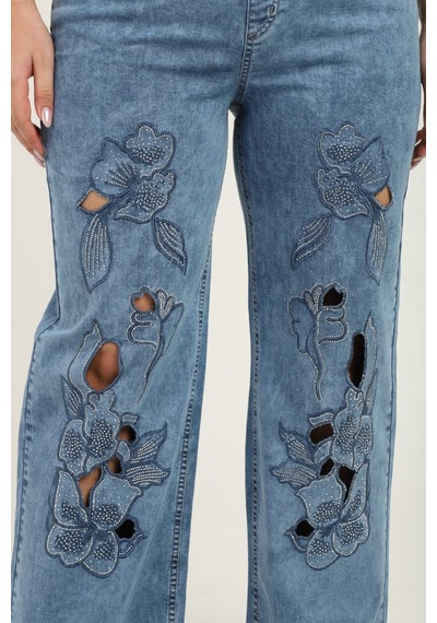 Zanessi Fashıon Büyük Beden Beli Lastikli Bol Paça Nakışlı Denim Kadın Pantolon Mavi