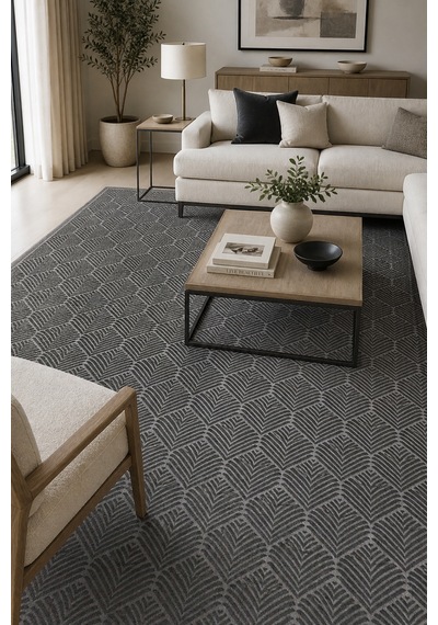 Novax Zeren Geometrik Antrasit Kaymaz Taban Yıkanabilir Salon Halısı