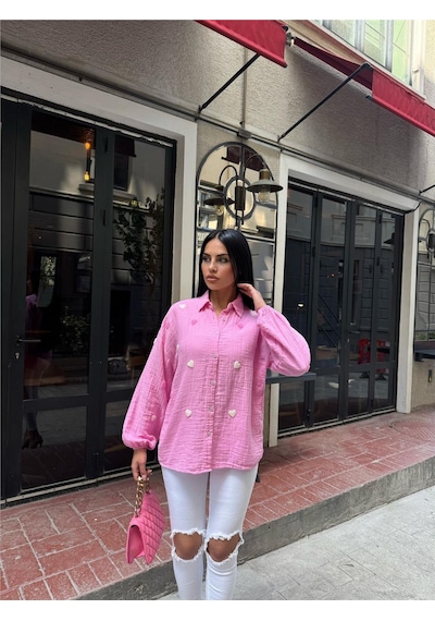 WeShaya Pembe Müslin Nakışlı Viskon Gömlek Pembe