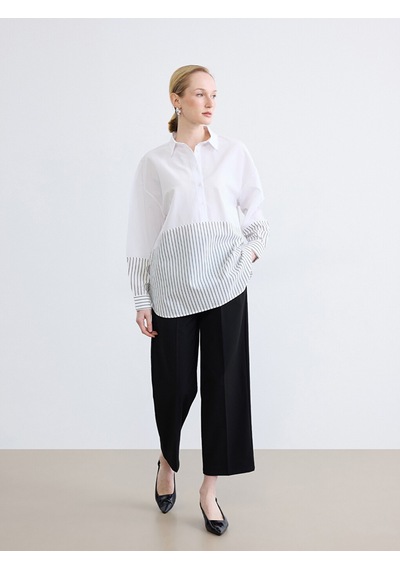 LC Waikiki Lc Waıkıkı Gri Çizgili Oversize Kadın Gömlek Tunik