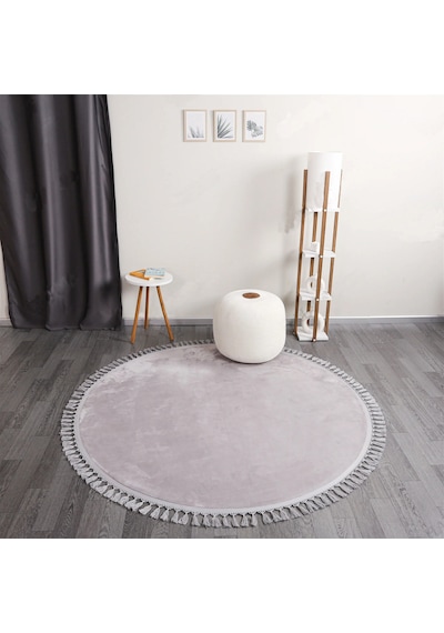 Açık Gri Fluffy Düğüm Saçaklı Yuvarlak Post Peluş Kaymaz Taban