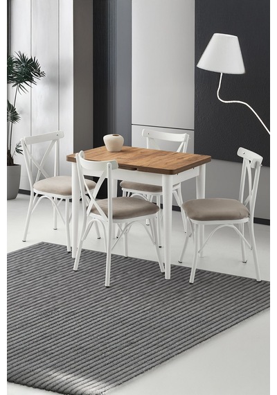 Yanlardan Açılır Yakamoz 90x60 Cm Dişbudak Beyaz Etek Masa 4 Adet Çapraz Sandalye