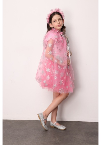Le Mabelle Pembe Kar Tanesi Baskılı Kız Çocuk Pelerin Asa Taç Set Pembe