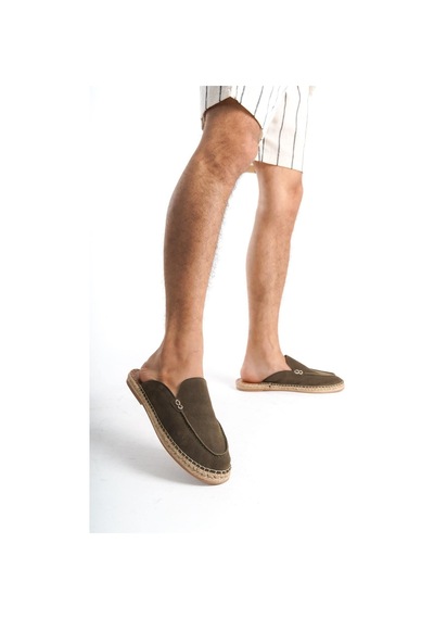 Mubiano Hakiki Deri Summer Erkek Süet Önü Kapalı Jüt Taban Haki Espadril Terlik -mssr3416-hk Haki