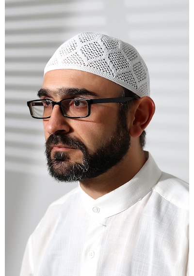 Makine Örgüsü Dantel Detaylı Namaz Takkesi Beyaz Beyaz