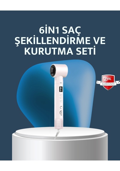 6-in-1 Saç Şekillendirme Seti Yüksek Hızlı Motor Negatif İyon Lcd Ekran