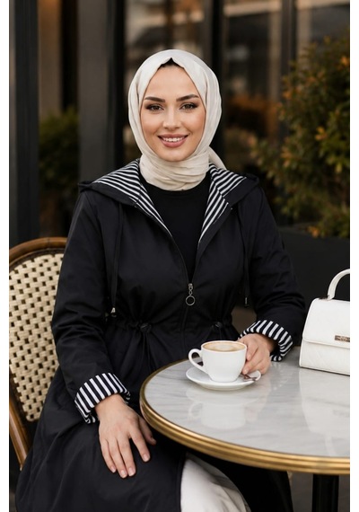 Hb Harma Time Butik Kadın Kapüşonlu Fermuarlı Ara Boy Bondit Kumaş Siyah Trenç