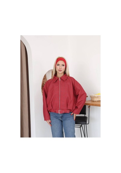 Moda Banuş Ekose Pile Detay Bomber Mevsimlik Ceket-oversıze Kırmızı