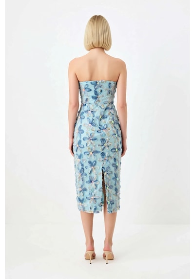 Benerly Kadın Straplez Kolsuz Çiçekli Payet Dokuma Maxi Elbise Bodycon Ke Mavi