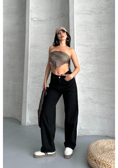Kazax Palazzo Straight Enzim Süper Taş Yıkama Jeans Pantolon Siyah D2008 Siyah