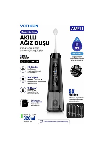 Şarjlı Ağız Duşu Diş Bakım Cihazı 4 Modlu Diş Arası Temizleyici 320ml 5 Başlıklı 1500 Mah Kablosuz