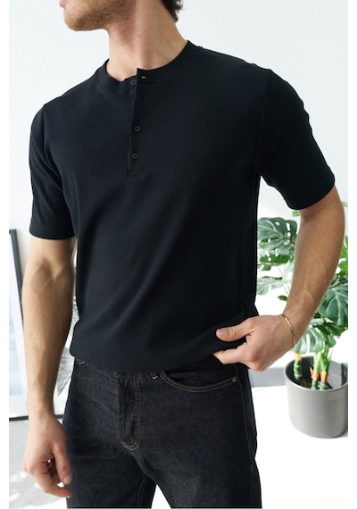 Baselco Premium Henley Yaka Beyaz T-shirt - Rib Dokulu Modern Fit Siyah