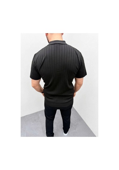Erkek Yazlık Triko Saç Örgü Tişört Kısa Kol Polo Yaka Fermuarlı T-shirt - Siyah