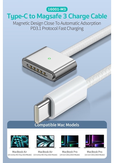 Apple MacBook Uyumlu Type-c To Magsafe 3 Hızlı Şarj Kablosu 140w 2 Metre