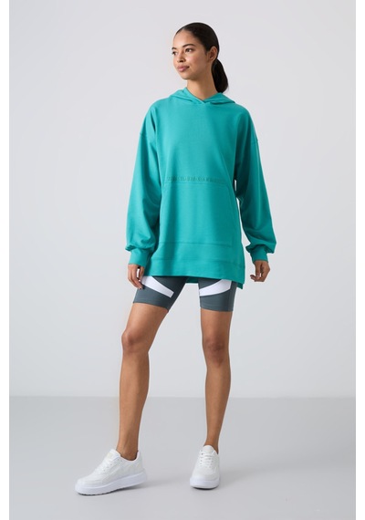 Tommy Life Deniz Yeşili Balon Kol Yazı Nakışlı Kadın Oversize Tunik Sweatshirt - 97163 Yeşil
